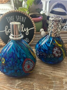 Handblown Blue Millefiori Glass Fragrance Lamps - Pair